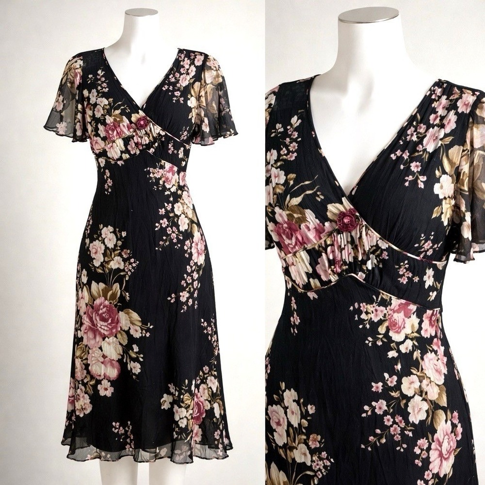 ECI New York Silk Vtg Floral Midi Dress Womens 12 Black Empire Waist Romantic